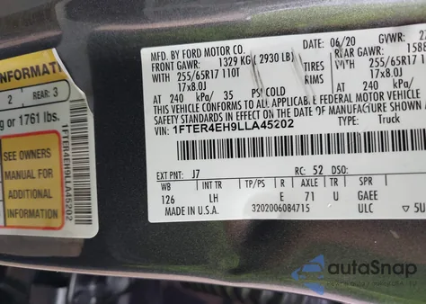 2020 Ford Ranger Xl/Xlt/Lariat из США, поврежденный, VIN 1FTER4EH9LLA45202